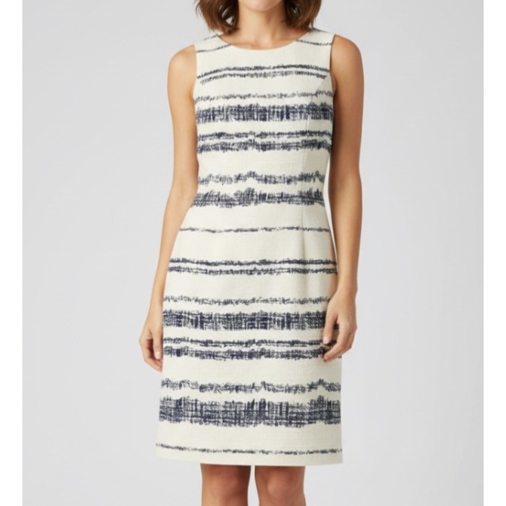 BANANA REPUBLIC Ivory/Navy Blue WOVEN COTTON SHEATH DRESS Stripes Lined SZ 14